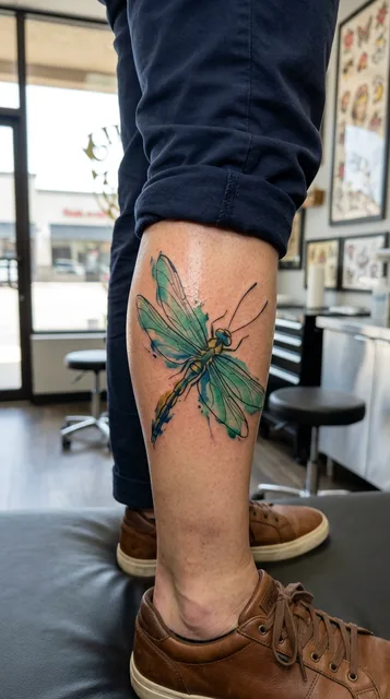 Color watercolor tattoo on a man's calf