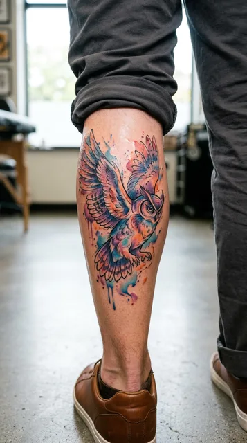 Color watercolor owl tattoo on a man's calf