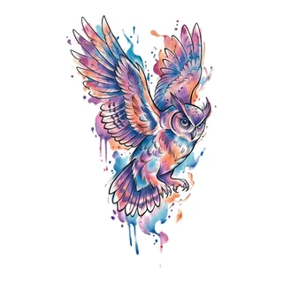 Color watercolor owl tattoo design, drawn flat for a calf tattoo