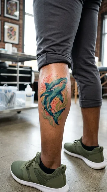 Color watercolor shark tattoo on a man's calf
