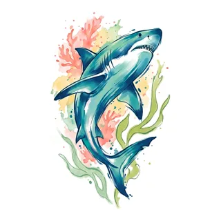 Color watercolor shark tattoo design, drawn flat for a calf tattoo