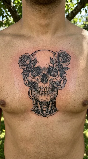 Black and grey biomechanical tattoo on a man's chest