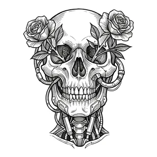 Black and grey biomechanical tattoo design, drawn flat for a chest tattoo