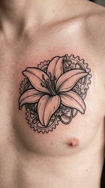 Black and grey biomechanical lily tattoo on a man's chest