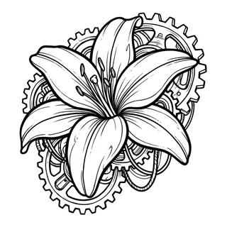 Black and grey biomechanical lily tattoo design, drawn flat for a chest tattoo