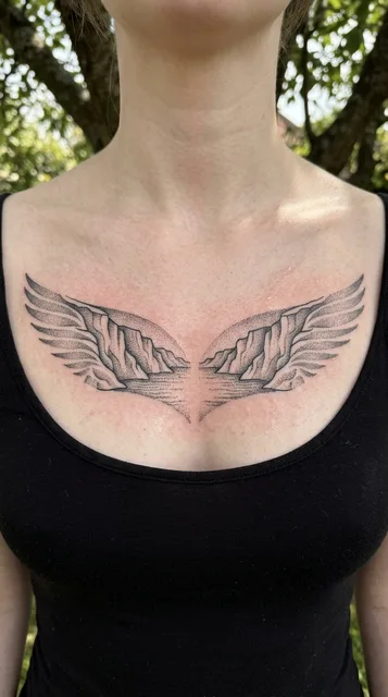 Black and grey dotwork tattoo on a woman's chest