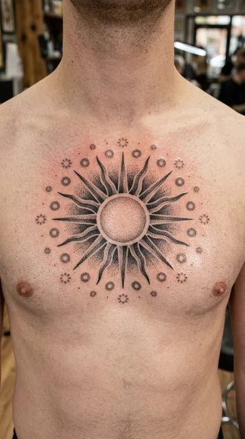Black and grey dotwork sun tattoo on a man's chest