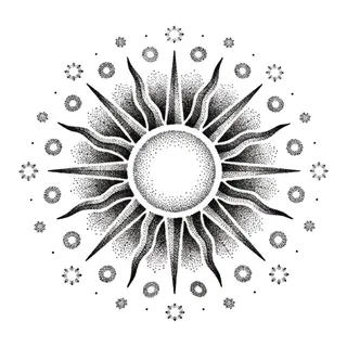 Black and grey dotwork sun tattoo design, drawn flat for a chest tattoo