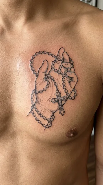 Black and white fine line tattoo on a man's chest
