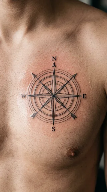 Black and white fine line compass tattoo on a man's chest