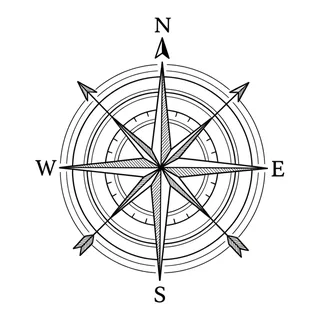 Black and white fine line compass tattoo design, outline stencil for a chest tattoo