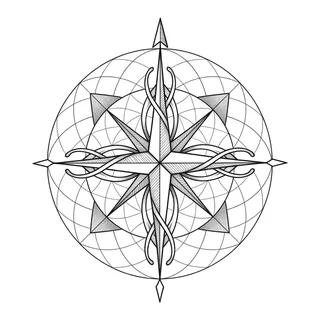 Black and white fine line compass tattoo design, outline stencil for a chest tattoo