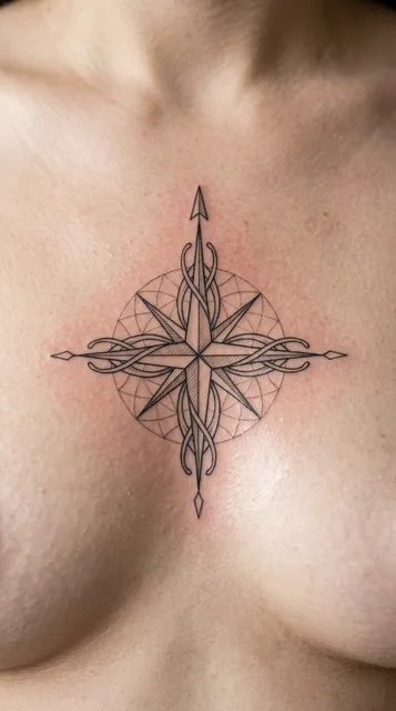 Black and white fine line compass tattoo on a woman's chest