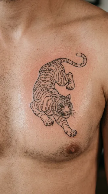 Black and white fine line tiger tattoo on a man's chest