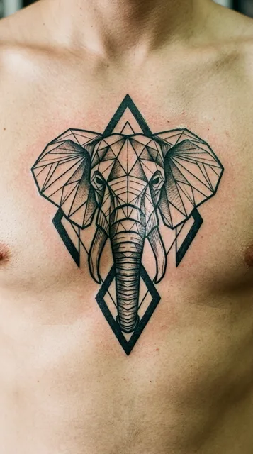 Black and white geometric elephant tattoo on a man's chest