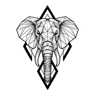 Black and white geometric elephant tattoo design, outline stencil for a chest tattoo