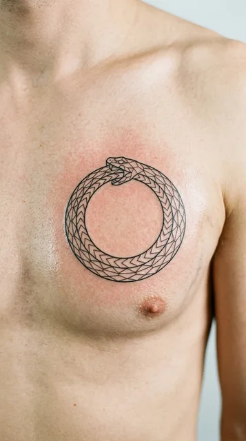 Black and white geometric ouroboros tattoo on a man's chest