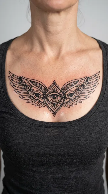 Black and grey illustrative tattoo on a woman's chest