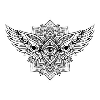 Black and grey illustrative tattoo design, drawn flat for a chest tattoo