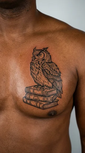 Black and grey illustrative owl tattoo on a man's chest