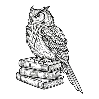 Black and grey illustrative owl tattoo design, drawn flat for a chest tattoo