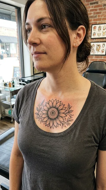 Black and grey illustrative sunflower tattoo on a woman's chest