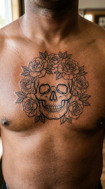 Black and white linework tattoo on a man's chest