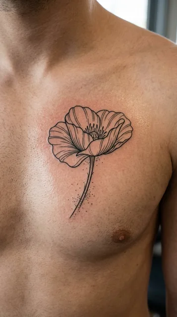 Black and white linework flower tattoo on a man's chest