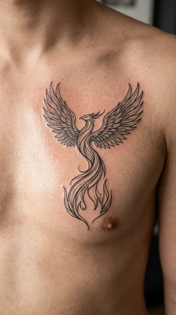 Black and white linework phoenix tattoo on a man's chest