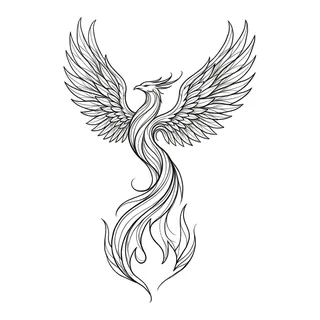 Black and white linework phoenix tattoo design, outline stencil for a chest tattoo
