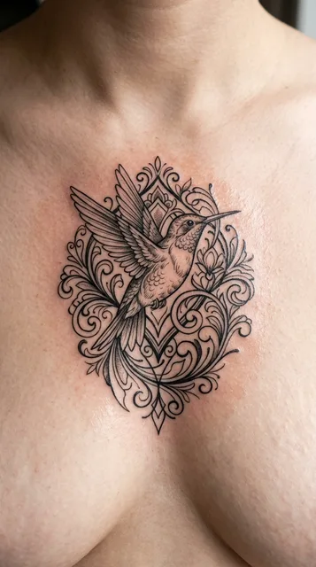 Black and grey ornamental hummingbird tattoo on a man's chest