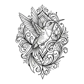 Black and grey ornamental hummingbird tattoo design, drawn flat for a chest tattoo