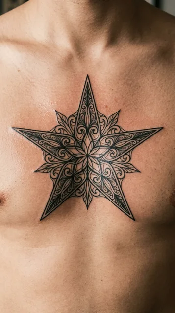 Black and grey ornamental star tattoo on a man's chest