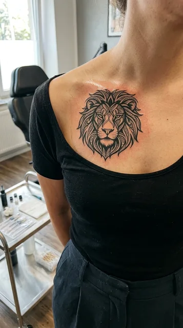 Black and white tribal lion tattoo on a woman's chest