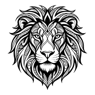Black and white tribal lion tattoo design, drawn flat for a chest tattoo