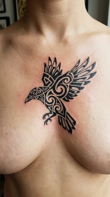 Black and white tribal raven tattoo on a woman's chest