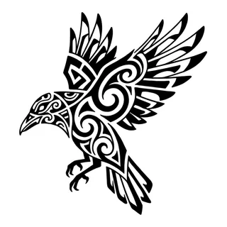 Black and white tribal raven tattoo design, drawn flat for a chest tattoo