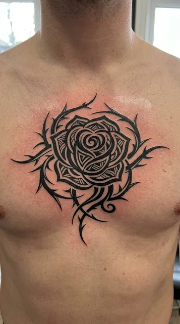 Black and white tribal rose tattoo on a man's chest
