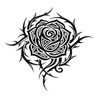Black and white tribal rose tattoo design, drawn flat for a chest tattoo