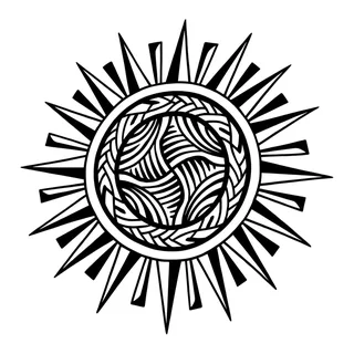 Black and white tribal sun tattoo design, drawn flat for a chest tattoo