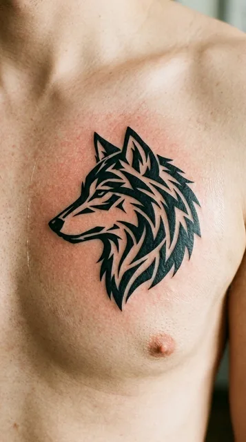Black and white tribal wolf tattoo on a man's chest