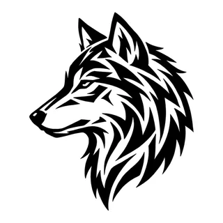 Black and white tribal wolf tattoo design, drawn flat for a chest tattoo