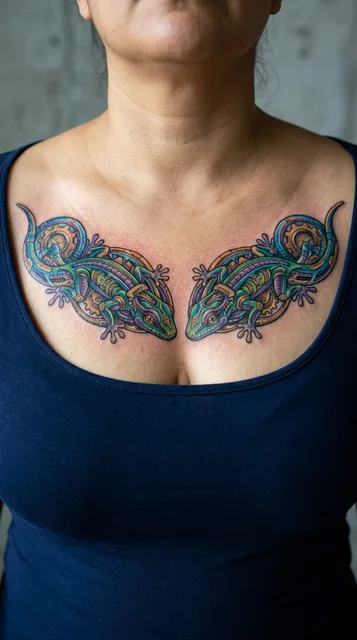 Color biomechanical tattoo on a woman's chest