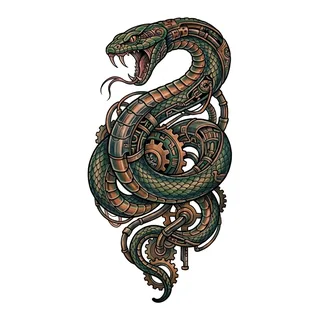 Color biomechanical snake tattoo design, drawn flat for a chest tattoo