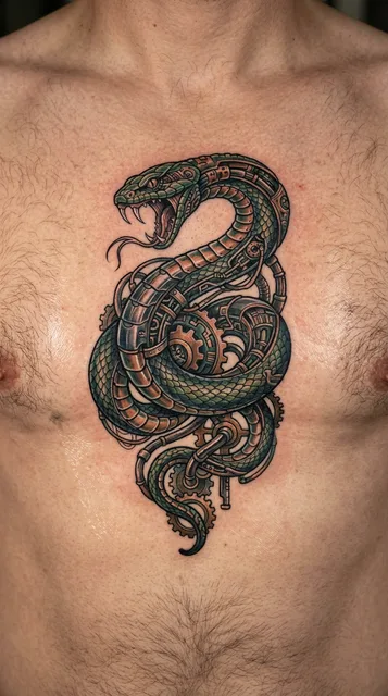Color biomechanical snake tattoo on a man's chest