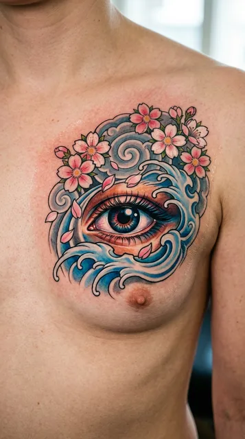 Color Japanese eye tattoo on a woman's chest