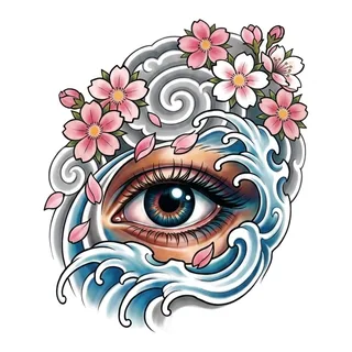 Color Japanese eye tattoo design, drawn flat for a chest tattoo