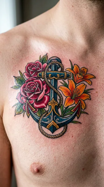 Color neo traditional anchor tattoo on a man's chest