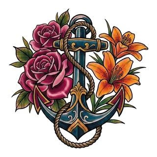 Color neo traditional anchor tattoo design, drawn flat for a chest tattoo