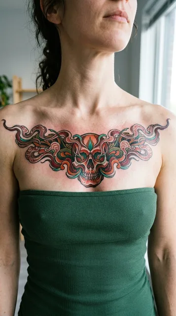 Color neo traditional tattoo on a woman's chest
